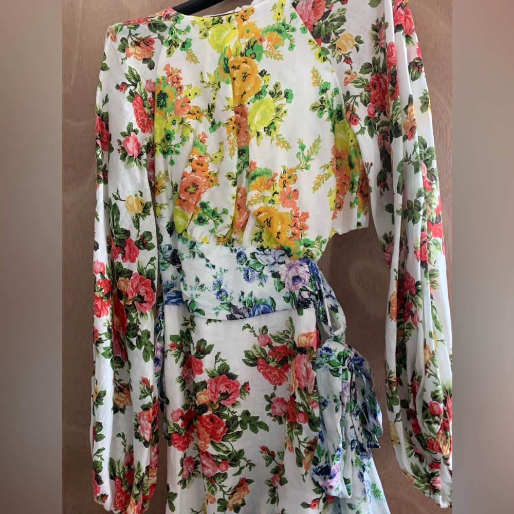 ❗️SALE❗️Zimmerman White Ruffled Floral-print Linen Mini Dress - Picture 4 of 7